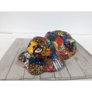 Vintage Patchwork Puppy Dog Decoupage Doorstop Statue Quilted Chalkware 13 1/2"